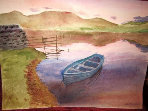 Barque sur lac au couchant